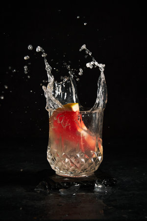 a beautiful glass of liquid drops a piece of grapefruitの写真素材