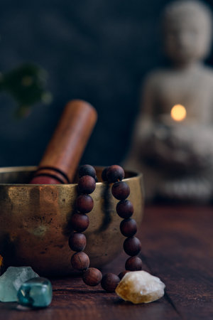 tibetan bowl with rosary beadsの写真素材