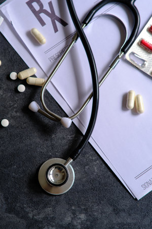 medical stethoscope on a dark backgroundの写真素材
