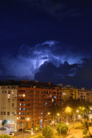 thunderstorm over the night city Valencia 27-09-2023のeditorial素材