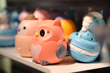 rubber owl toys on the store shelfの写真素材