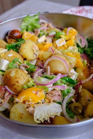 a plate of summer cold potato saladの写真素材