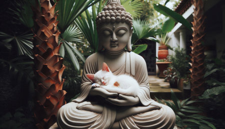 a cat sleeping in buddha handsの素材