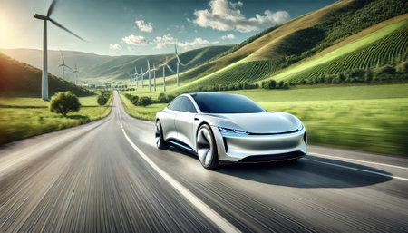 futuristic eco-friendly car a wide highwayの素材