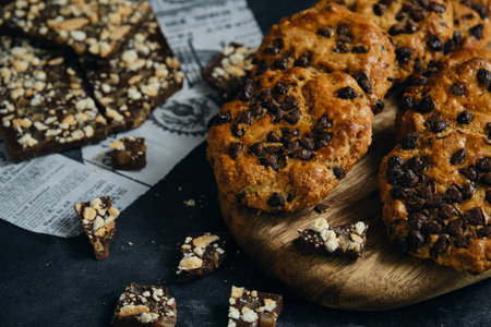 fresh cookies with chocolate chips on the tableの写真素材