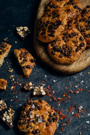fresh chocolate chip cookies on a dark backgroundの写真素材