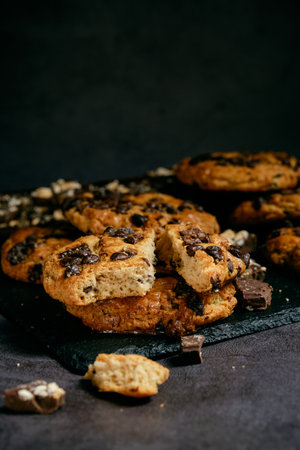 fresh chocolate chip cookies on a dark backgroundの写真素材
