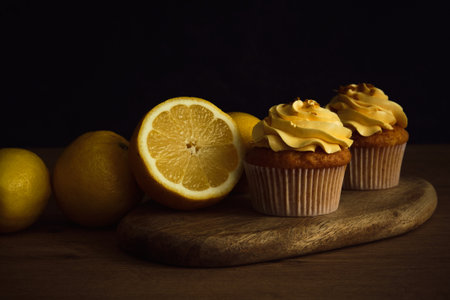 two lemon cupcakes next to slices of yellow lemon on a dark backgroundの写真素材