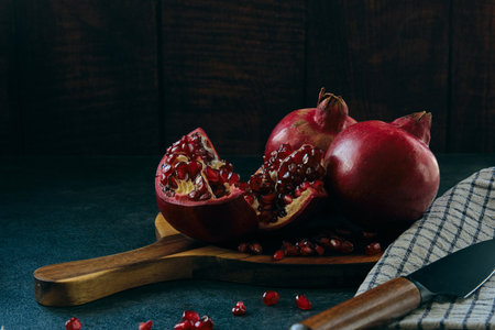 A few red ripe pomegranate fruits on a board on a dark backgroundの写真素材