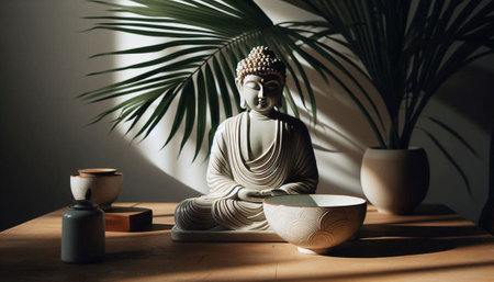 porcelain Buddha Statue, natural light minimalism interiorの素材