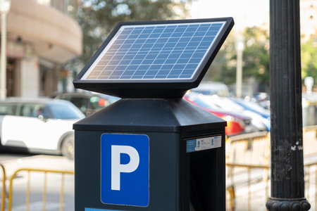 Solar panel powered urban parking meter with mobile payment Option modern solution of green energy