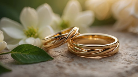 macro shot of a pair of intertwined gold wedding ringsの素材