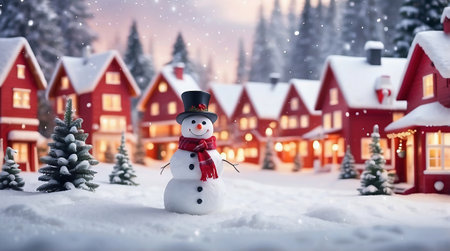 snowy scene with vibrant Christmas decorations, charming red wooden houses with smoke billowing from chimneys, a happy snowman made from snow wearing a scarf and hatの素材