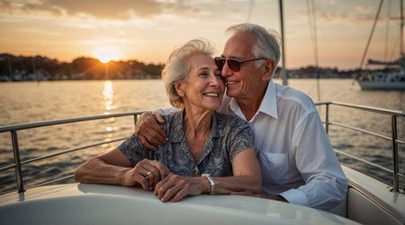 An elderly couple loving each other a man holds the steering wheel with one hand, with the other hand hugs a woman tightly at the stern of a sailing boat, and the sun sets behind them. Soft shades of sunset frame the pair.の素材