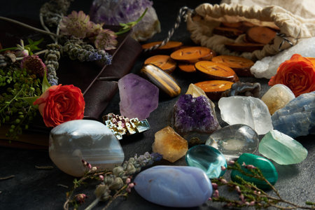 various gem stones on dark backgroundの写真素材