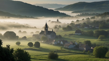 A serene, mist-covered fog village nestled in a lush green landscape. The fog gently blankets the valley, partially obscuring the small houses and church steeple, creating a mystical and tranquil atmosphere.の素材