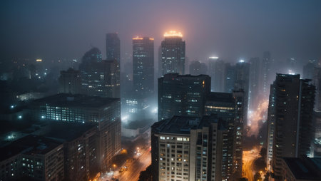 A nighttime cityscape shrouded in dense fog, with tall skyscrapers fading into the misty haze. The glowing streetlights line the avenues below, casting a warm, diffused light that reflects off the fog, creating a mysterious and atmospheric scene.の素材