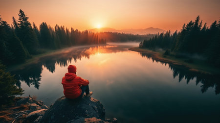 person in an orange jacket seated on a rockの素材