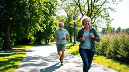 A joyful senior couple jogging together in a lush green park on a sunny day.の素材