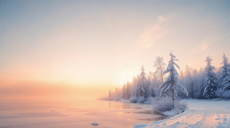 Frozen lake with cracks, snowy trees, and a clear blue skyの素材