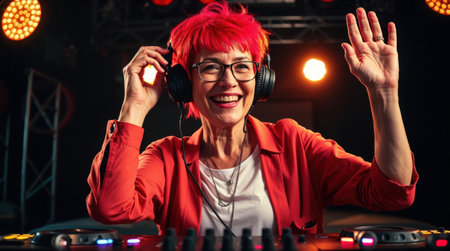 a woman aged 65-75 with brightly dyed short hair, wearing modern, stylish clothing and headphones. She is standing behind a DJ boothの素材