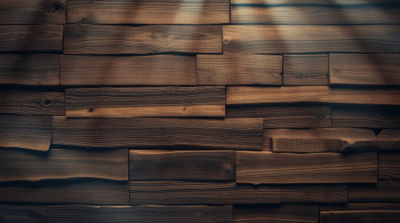 A rustic, grunge wooden wall, composed of layered, textured planks in rich brown tones, is the subject. Intense dramatic lighting creates a soft, cinematic haze.の素材