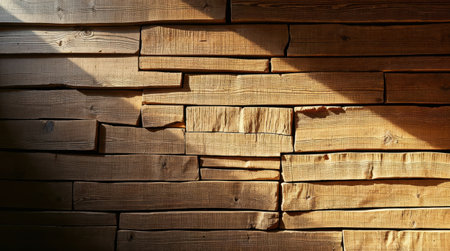 A rustic, grunge wooden wall, composed of layered, textured planks in rich brown tones, is the subject. Intense dramatic lighting creates a soft, cinematic haze.の素材
