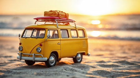 A miniature yellow bus, surfboard on roof, luggage piled high, sits on a sandy beach with gentle ocean waves.の素材