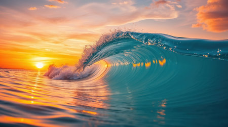 Inside a curling ocean wave, a sunset over the horizon displays golden hour light.の素材