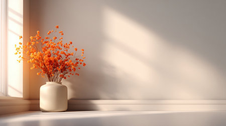 Cream colored wall with vase orange foliageの素材