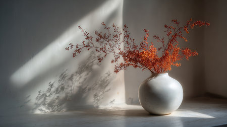 Cream colored wall with vase orange foliageの素材