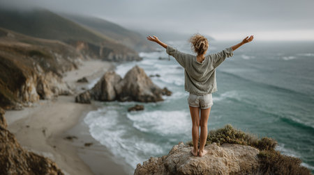 young woman on rock looking a seaの素材