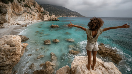 young woman on rock looking a seaの素材