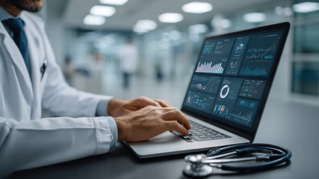 medical in a white coat with laptopの素材