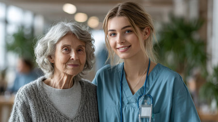 young nurse in blue scrubs helps an elderly womanの素材