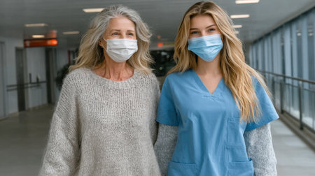 young nurse in blue scrubs helps an elderly womanの素材