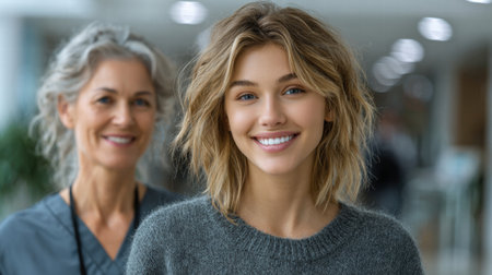 young nurse in blue scrubs helps an elderly womanの素材