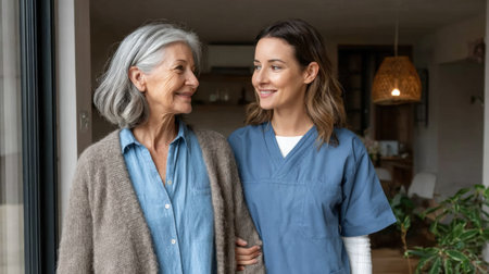 young nurse in blue scrubs helps an elderly womanの素材