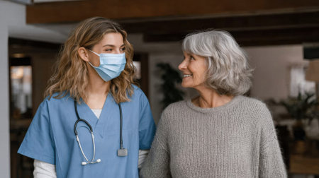 young nurse in blue scrubs helps an elderly womanの素材
