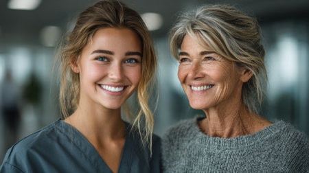 young nurse in blue scrubs helps an elderly womanの素材