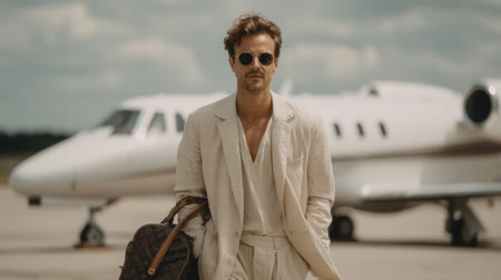 a stylish man walking near to a white private jetの素材