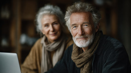 senior couple sitting together with laptopの素材