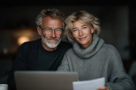 senior couple sitting together with laptopの素材