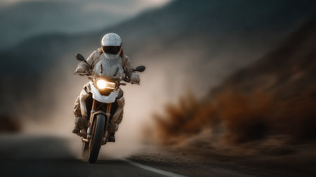 motorcyclist riding a motorcycle on the roadの素材