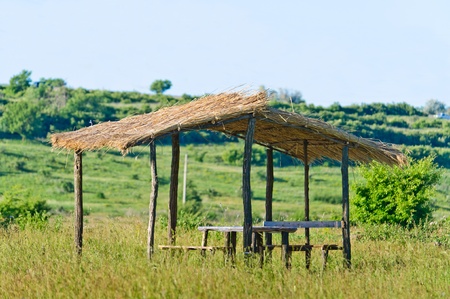 House with a roof of reeds in the meadowの写真素材