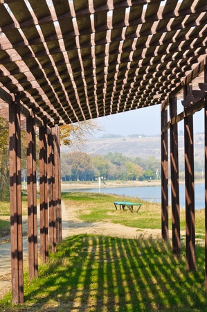 Wooden lattice. The roof of a street cafe made ââfrom wooden slatsの写真素材