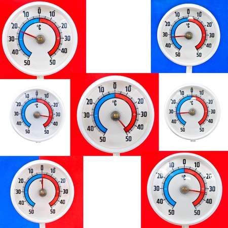Outdoor thermometer. Photos on a red background 
