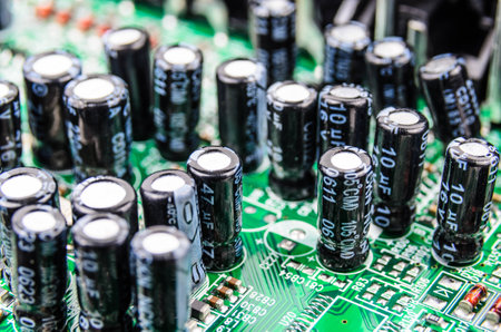Radio components on a printed circuit board. Photo Close-up