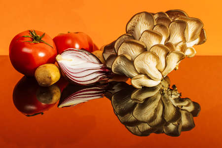 red onion, tomatoes, oyster mushrooms and potatoesの写真素材