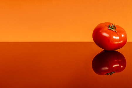 tomato on an orange background with a place for the textの写真素材